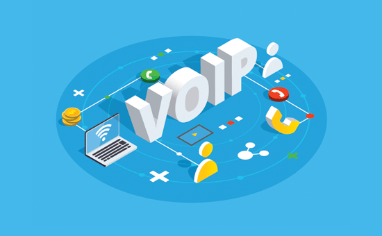 A cartoon representation of the word VOIP with various icons scattered around it